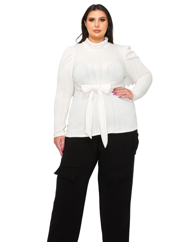 Front of a model wearing a size 3X Catriona Waist Tie Sweater in White by L I V D. | dia_product_style_image_id:324820